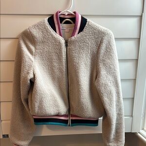 Cream Sherpa Bomber Jacket with Striped Trim